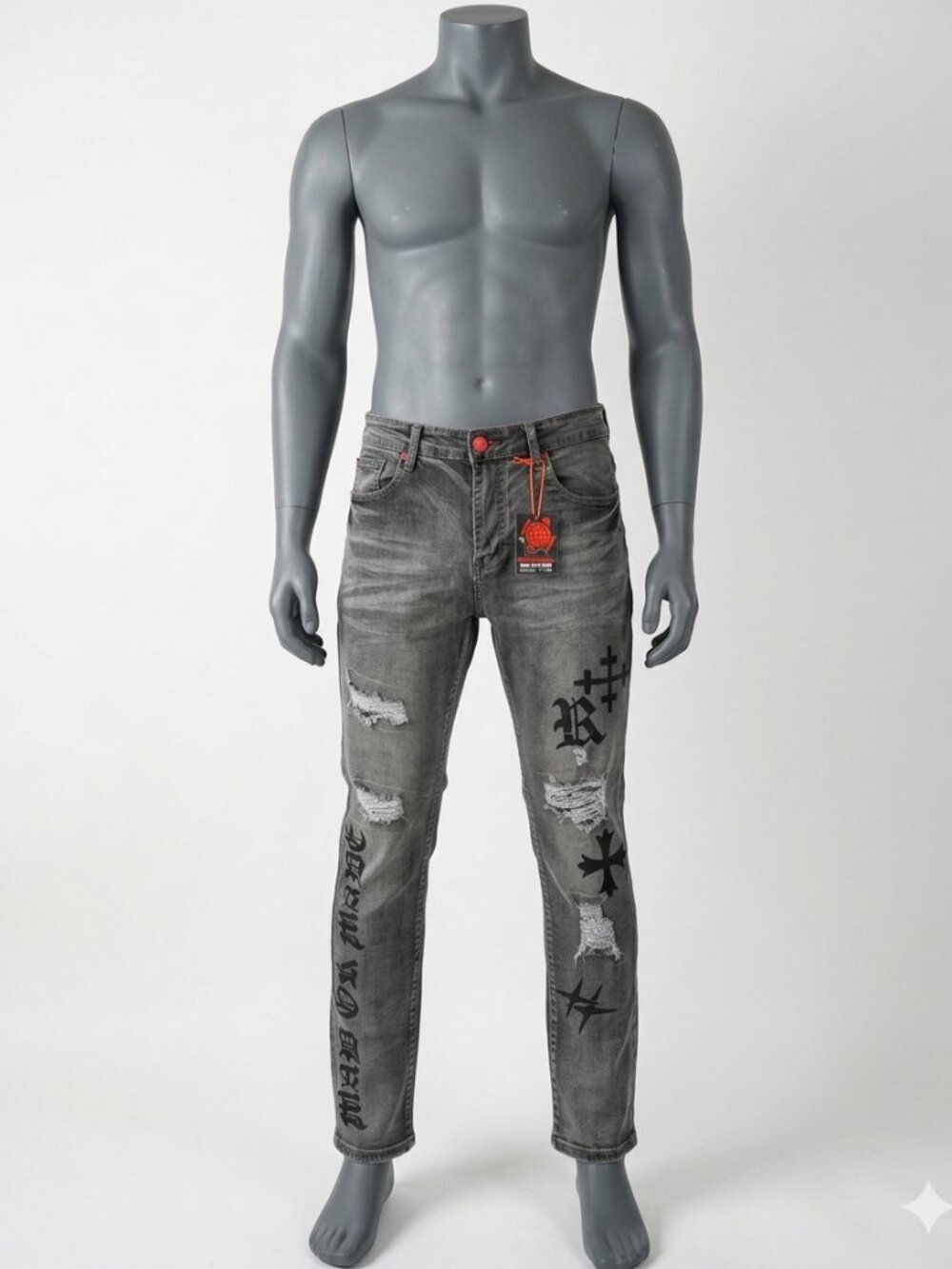GSTR Distressed Denim With Patches and Graphic Designs, Gothic Style 34x32